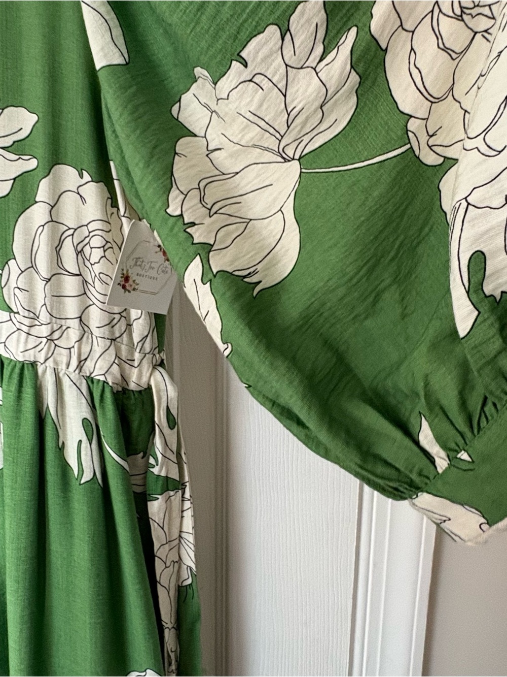 Entro Green White Floral Peony Gardenia Print Midi Dress Ric Rack Trim, S. NWOT - Picture 10 of 15